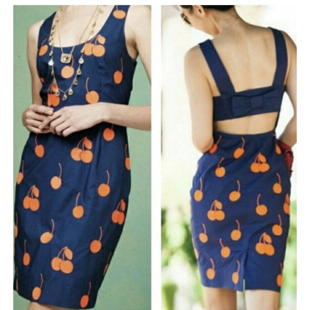 Anthropologie Leifnotes Cherry Drop Sheath Dress Navy Blue Orange Cutout Bow 12